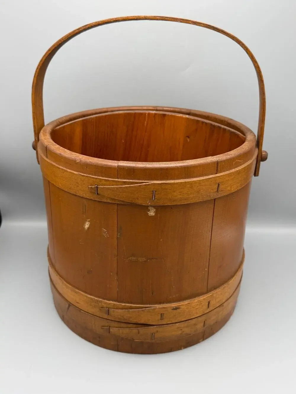 Primitive Staved Wood Firkin Sugar Bucket Bentwood Handle 11.5” x 12”